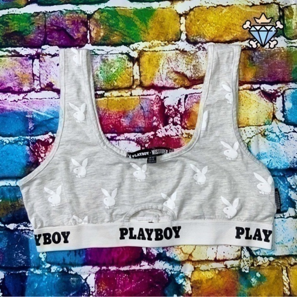 PLAYBOY X MISSGUIDED KEYHOLE CUTOUT GRAY LOUNGE BRALETTE SIZE 14 ALLOVER LOGO